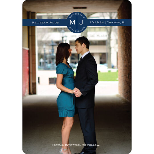 Navy Circle Initials Photo Save the Date Cards